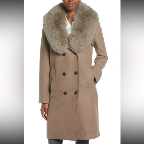Wool Blend Coat Elie Tahari with Genuine Fox Fur Trim - Picture 2 of 12
